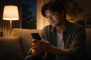 夜の静かな部屋でスマートフォンを見ながら考え込む40代男性の様子。柔らかい照明と落ち着いた室内が孤独と希望の気持ちを表している。