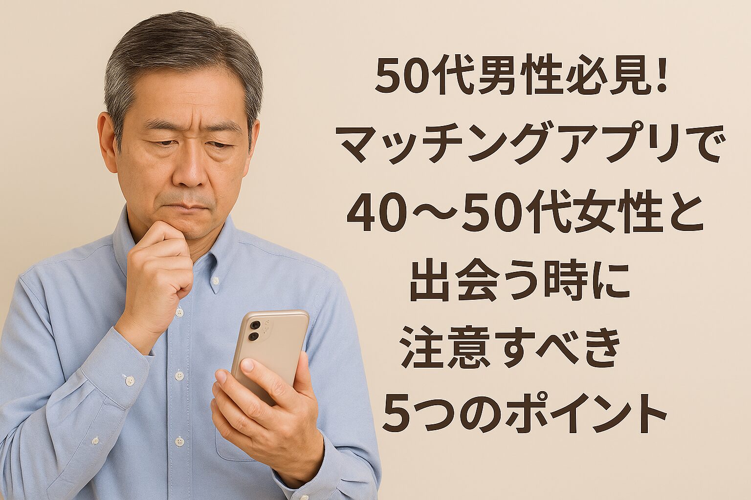 スマートフォンを真剣な表情で見つめる50代の東アジア系男性。背景はベージュで、「50代男性必見！マッチングアプリで40〜50代女性と出会う時に注意すべき5つのポイント」という日本語テキストが右側に表示されている。