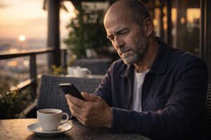 夕暮れのカフェでスマートフォンを見つめる50代後半の日本人男性。落ち着いた雰囲気と穏やかな表情を写したイメージ写真。