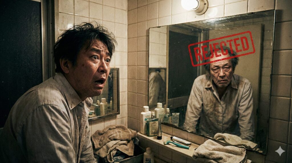 薄暗く汚れた浴室で、驚いた表情の中高年男性が鏡を見つめている。鏡には歪んで老け込んだ男性の像が映り、額に赤い「REJECTED（拒絶）」のスタンプが押されている。