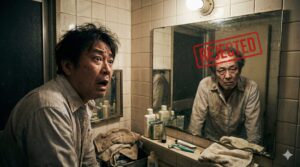 薄暗く汚れた浴室で、驚いた表情の中高年男性が鏡を見つめている。鏡には歪んで老け込んだ男性の像が映り、額に赤い「REJECTED（拒絶）」のスタンプが押されている。
