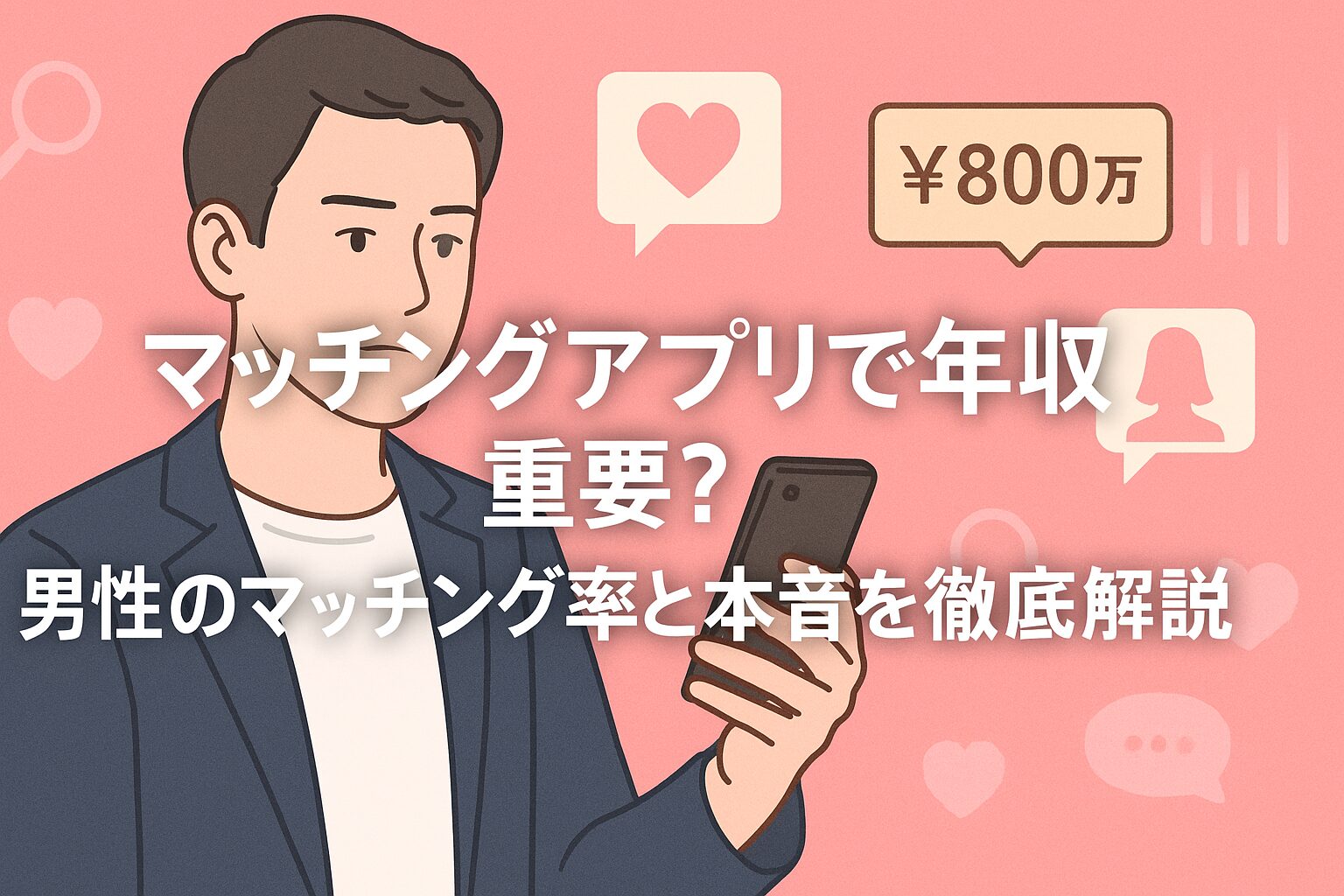 マッチングアプリで年収が重要かを解説する記事のアイキャッチ。スマホを見る男性のイラストと「800万円」「ハート」などのアイコンが描かれている。