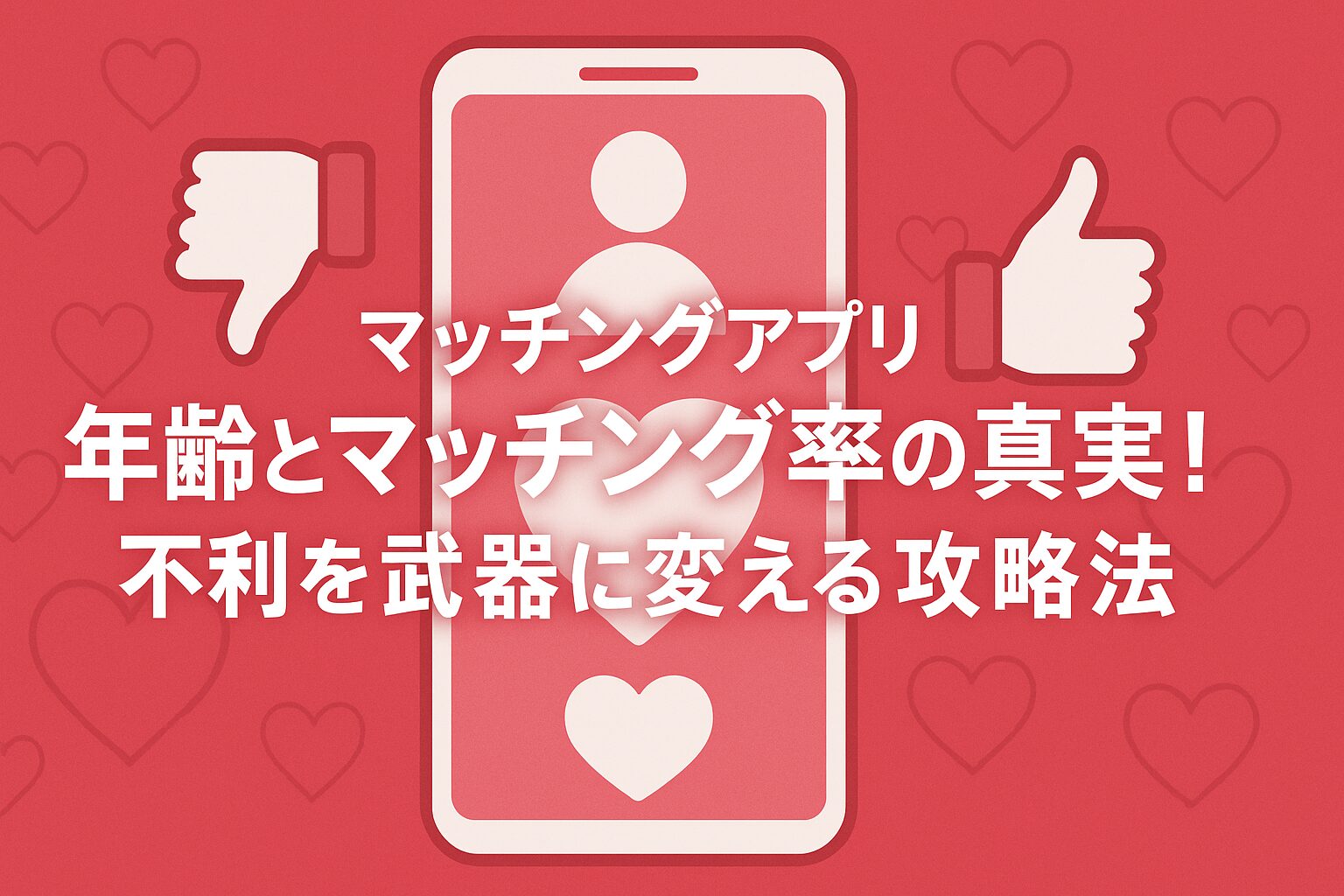 赤い背景にスマートフォンとハートアイコンが描かれたデザイン。左右に親指の上げ下げアイコンが配置され、中央に『マッチングアプリ 年齢とマッチング率の真実！不利を武器に変える攻略法』という日本語テキストが表示されている。