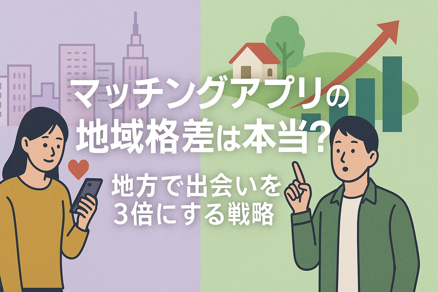 都会と地方のマッチング率の違いを表したイラスト。マッチングアプリ利用者の男女が都市と田舎で出会い方を考える様子を描き、「地域格差を乗り越える戦略」を訴求。