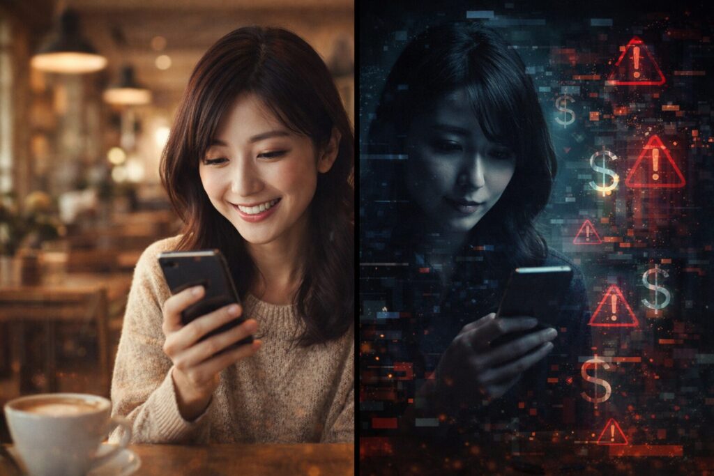 カフェでスマートフォンを見て笑顔の女性と、警告アイコンやドルマークが浮かぶ暗い背景で同じ女性が不安げにスマートフォンを見る対比イメージ。マッチングアプリの安心と危険を表現したビジュアル。