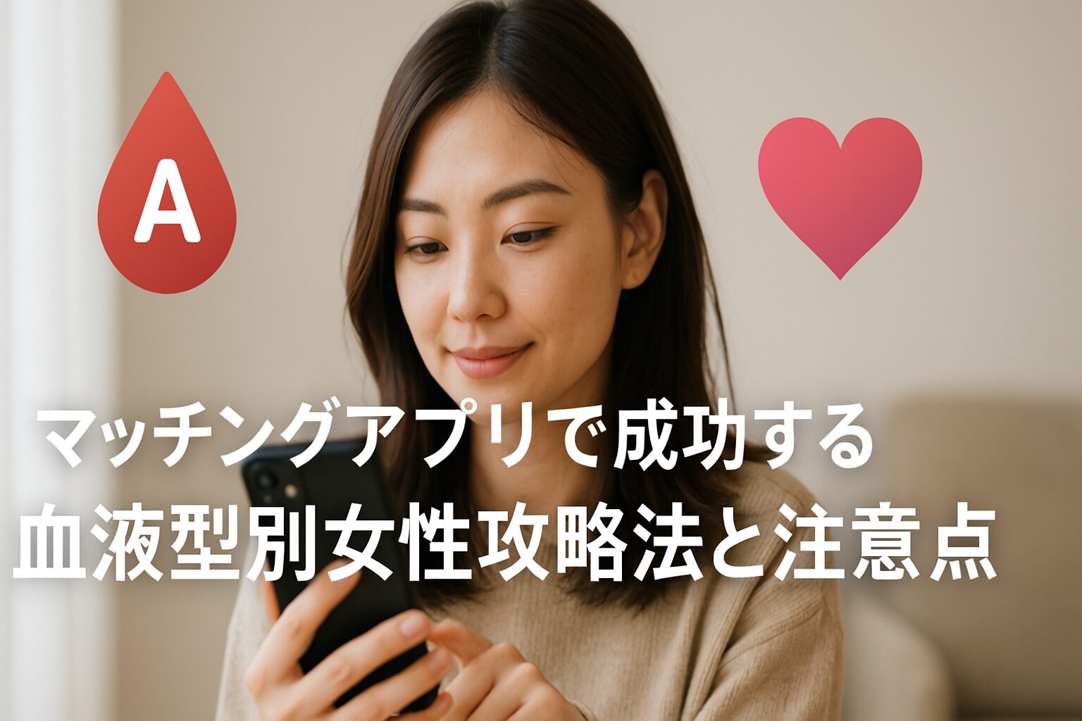スマートフォンを見つめる女性の写真。背景にはハートマークと血液型Aのアイコンが配置され、「マッチングアプリで成功する 血液型別女性攻略法と注意点」というテキストが中央に表示されている。血液型別の恋愛傾向を解説する記事のアイキャッチ画像。