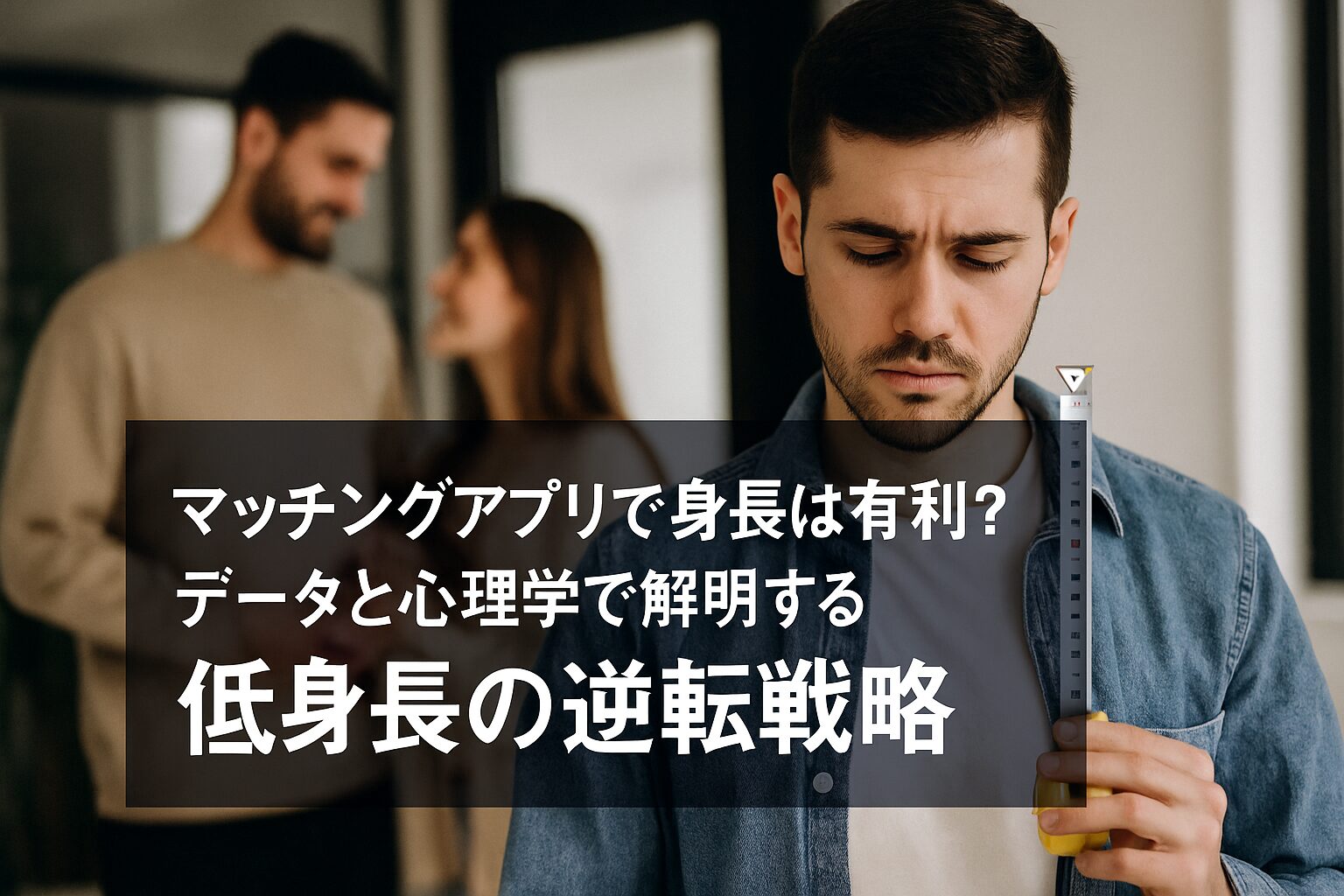 若い男性が真剣な表情でメジャーを手に持ち、背後には笑顔で会話するカップルがぼんやり映っている。画像中央下には「マッチングアプリで身長は有利？データと心理学で解明する 低身長の逆転戦略」という日本語テキストが配置されている。
