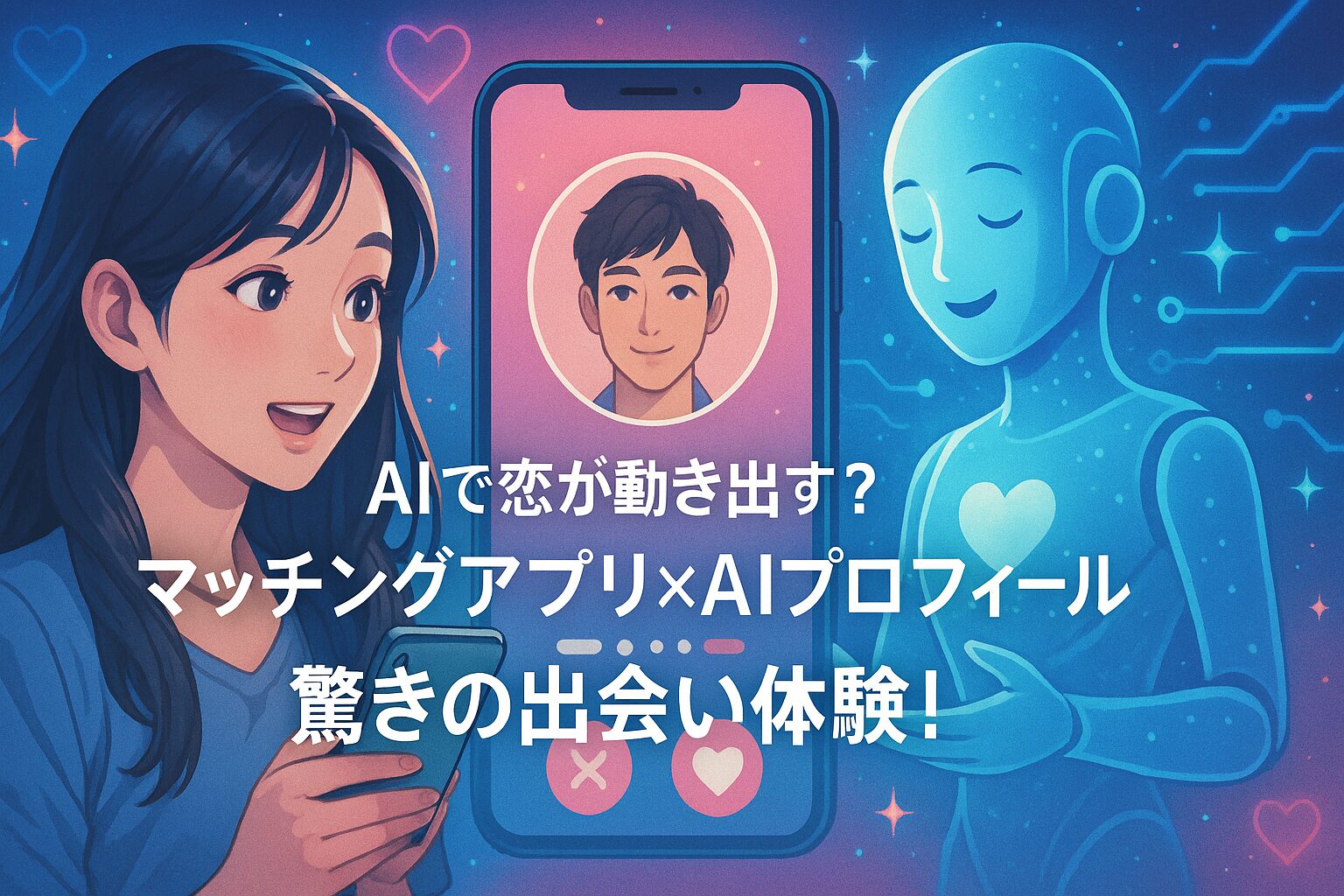 スマートフォンのマッチングアプリ画面を見つめる女性と、隣で微笑むAIロボット。中央の画面には男性のプロフィール写真が表示されており、「AIで恋が動き出す？マッチングアプリ×AIプロフィール 驚きの出会い体験！」というキャッチコピーが重ねられている。