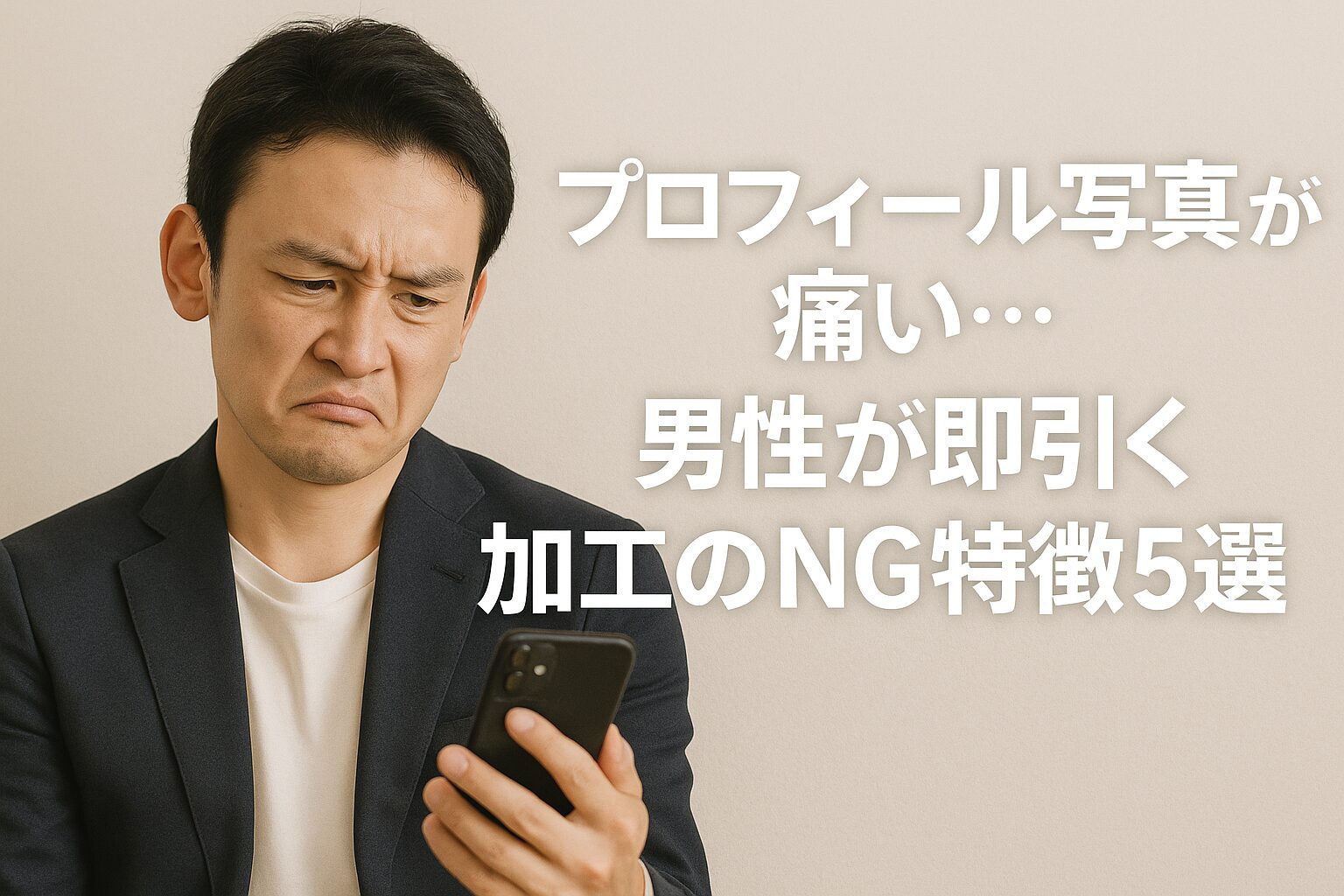 プロフィール写真が痛い…男性が即引く加工のNG特徴5選」というテキストとともに、スマートフォンの画面を見て眉をひそめる男性の実写画像。プロフィール写真の加工で避けるべきNGポイントを解説するブログ記事のアイキャッチ用ビジュアル。