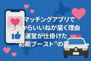 マッチングアプリの画面とハートのイラスト 県外からいいねが届く理由や初期ブーストの仕組みを説明する記事のアイキャッチ画像