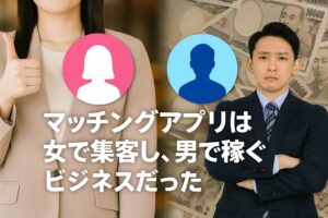 マッチングアプリの男女格差を象徴する構図。左側の女性が笑顔で親指を立て、右側の男性が腕を組んで不満そうにしている。背景には一万円札が並び、中央には男女のシルエットアイコンと『マッチングアプリは女で集客し、男で稼ぐビジネスだった