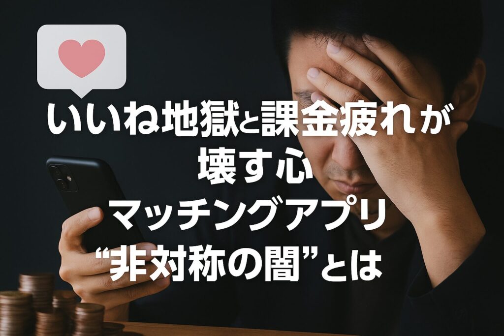 スマートフォンを見つめながら頭を抱える男性。手前には積み重ねたコインがあり、経済的負担や疲労を象徴している。背景には“いいね”のハートアイコンと『いいね地獄と課金疲れが壊す心 マッチングアプリ“非対称の闇”とは』という文字が配置されている。