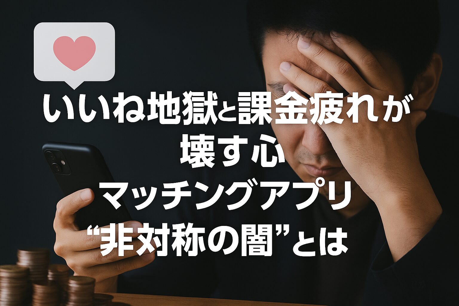 スマートフォンを見つめながら頭を抱える男性。手前には積み重ねたコインがあり、経済的負担や疲労を象徴している。背景には“いいね”のハートアイコンと『いいね地獄と課金疲れが壊す心 マッチングアプリ“非対称の闇”とは』という文字が配置されている。