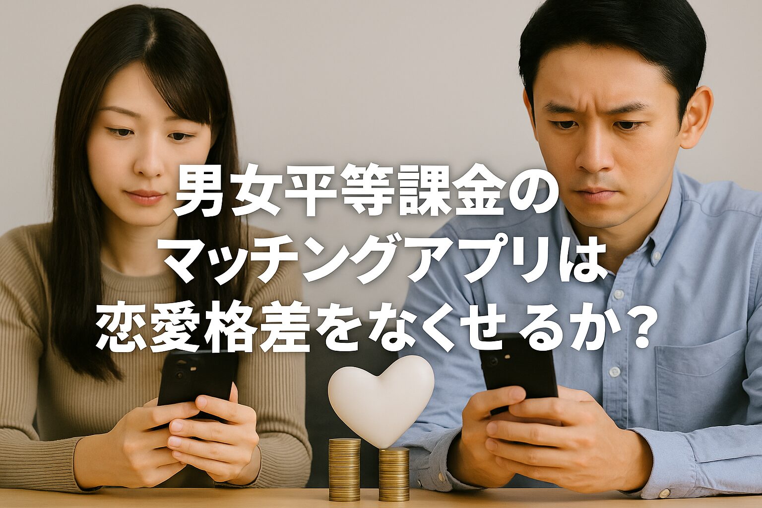 男女が向かい合ってスマートフォンを操作している様子。中央には硬貨の上に白いハートのオブジェが置かれており、課金や恋愛の公平性を象徴している。画面中央には『男女平等課金のマッチングアプリは恋愛格差をなくせるか？』という文字が配置されている。