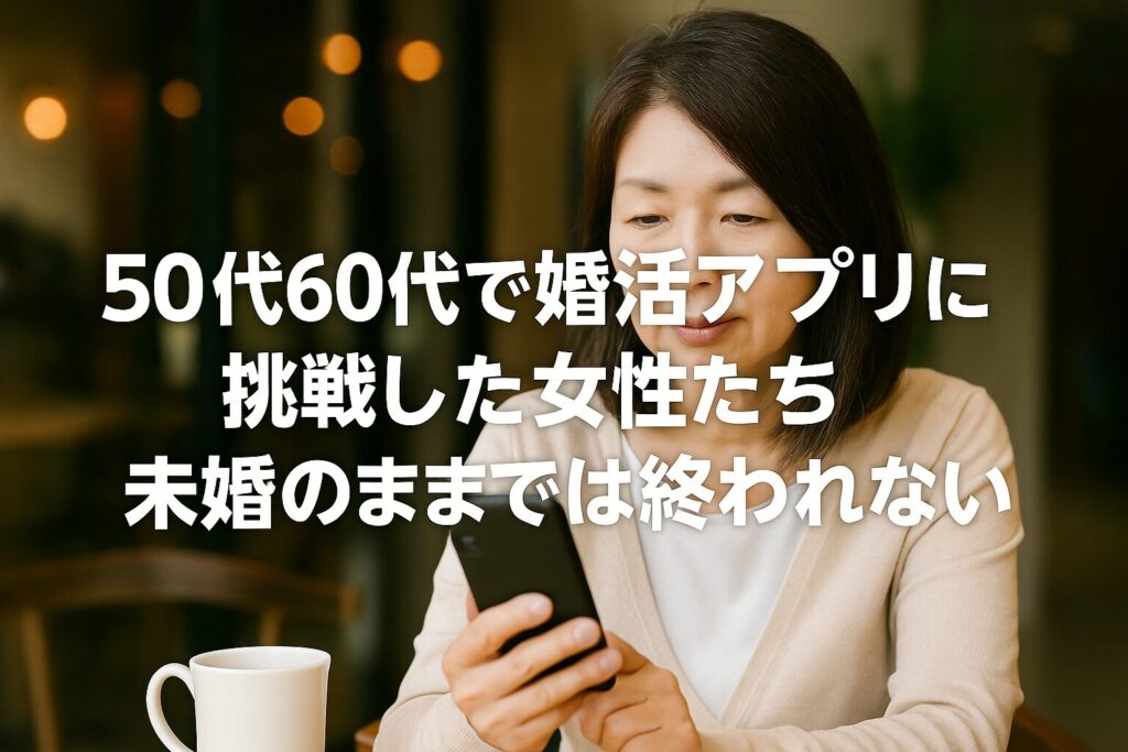 カフェでスマートフォンを見つめる50〜60代の女性。画面には「50代60代で婚活アプリに挑戦した女性たち　未婚のままでは終われない」というテキストが重ねられている。