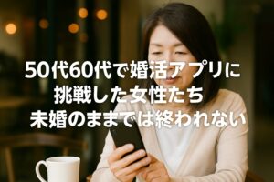 カフェでスマートフォンを見つめる50〜60代の女性。画面には「50代60代で婚活アプリに挑戦した女性たち　未婚のままでは終われない」というテキストが重ねられている。