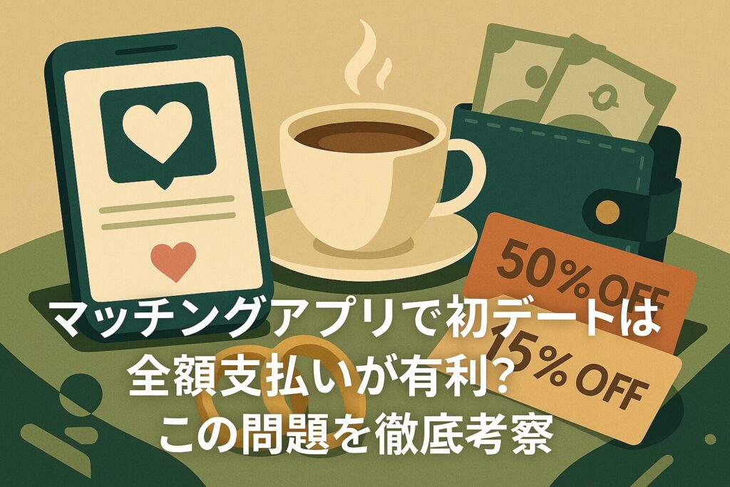 マッチングアプリの初デートで全額支払いが有利かを考察する記事のイメージ。コーヒーとスマホ、財布、割引クーポンが並ぶイラスト。