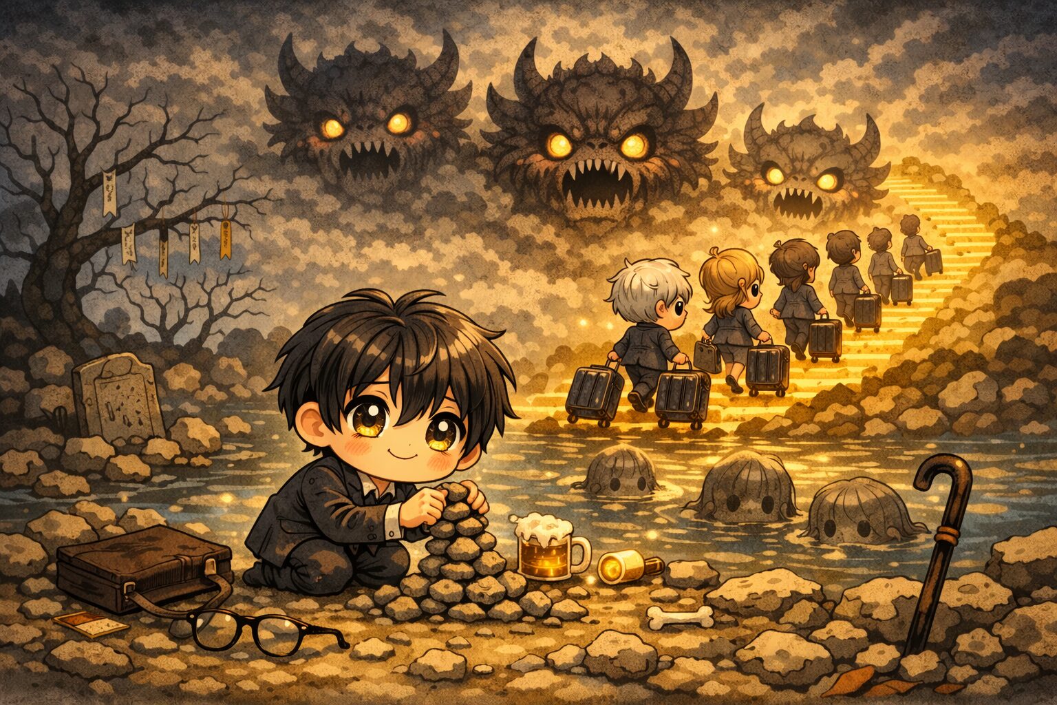 小さなチビキャラの少年が三途の川のほとりで石を積み上げているイラスト。スーツ姿で大きなキラキラした目が印象的。背景には光る階段を進む人々と、雲の中に現れる鬼のような存在が描かれ、かわいさと不思議な世界観が融合したアイキャッチ画像。