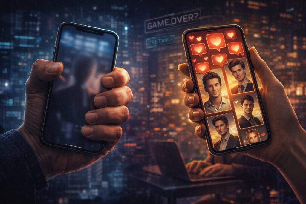 マッチングアプリで苦戦する男性と、多くの「いいね」を受け取る女性を対比したイメージ。スマートフォンを握る手元を中心に描いたビジュアル。