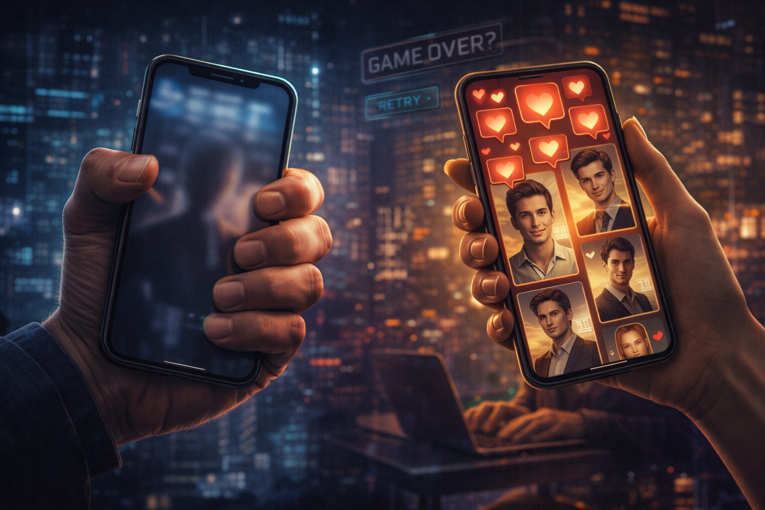 マッチングアプリで苦戦する男性と、多くの「いいね」を受け取る女性を対比したイメージ。スマートフォンを握る手元を中心に描いたビジュアル。