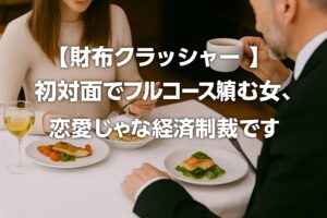 初対面デートで女性がフルコース料理を注文する場面を描いた写真。男性が不安そうにコーヒーを持ち、女性の皿には高級料理が並ぶ。題字には財布クラッシャーと入り、経済的負担を感じる男性心理を象徴している。