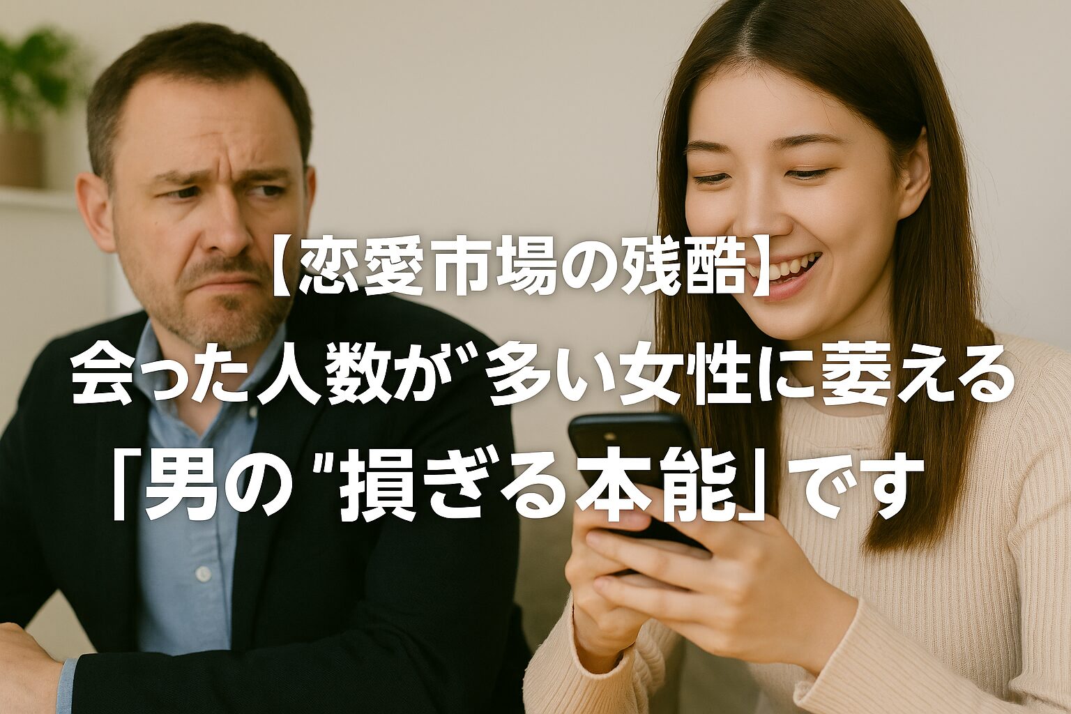 マッチングアプリを楽しそうに見ている女性の横で、不満そうな表情を浮かべる男性の様子を写した写真。女性の出会いの多さに戸惑う男性心理を表現しているシーン。