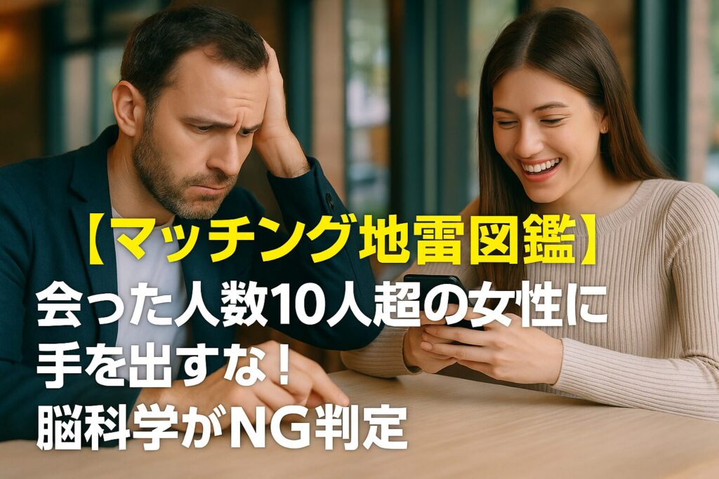 スマホを見て笑う女性の横で、頭を抱えて落ち込む表情の男性が座っている写真。女性が多くの男性と会っていると知り、不安や焦りを感じる男性心理を象徴するシーン。画面にはマッチングアプリに関する強い警告的なテキストが表示されている。