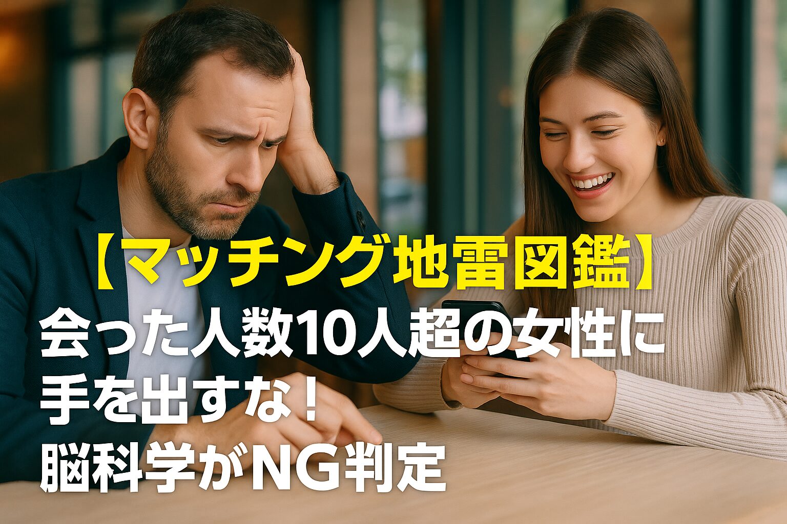 スマホを見て笑う女性の横で、頭を抱えて落ち込む表情の男性が座っている写真。女性が多くの男性と会っていると知り、不安や焦りを感じる男性心理を象徴するシーン。画面にはマッチングアプリに関する強い警告的なテキストが表示されている。