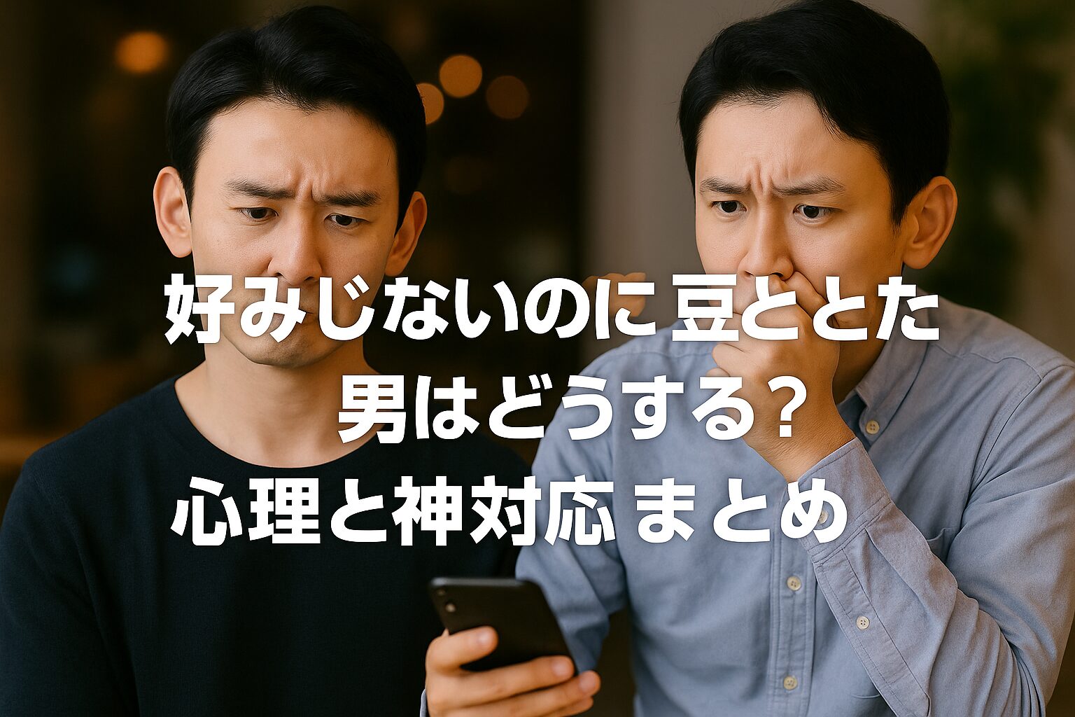 スマホ画面を見つめて悩む男性2人の表情。マッチングアプリで好みじゃない女性とマッチして戸惑う男性心理をイメージしたシーン。