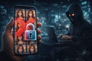 マッチングアプリの画面に同じ顔の女性が並び、警告マークと鍵のアイコンが重なったスマートフォンを持つ手のイメージ。背後にはハッカーのシルエット。