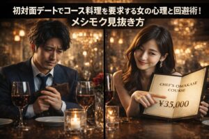 高級レストランでの初対面デートの場面。スーツ姿の男性が財布を握り不安そうな表情をしている一方、向かいの女性が高額なコース料理のメニューを指さして微笑んでいる。店内はシャンデリアの光で温かく照らされ、テーブルにはワインとキャンドルが並ぶ。画面上部にはデートで高額な食事を求める女性の心理や見抜き方をテーマにした見出しが表示されている。
