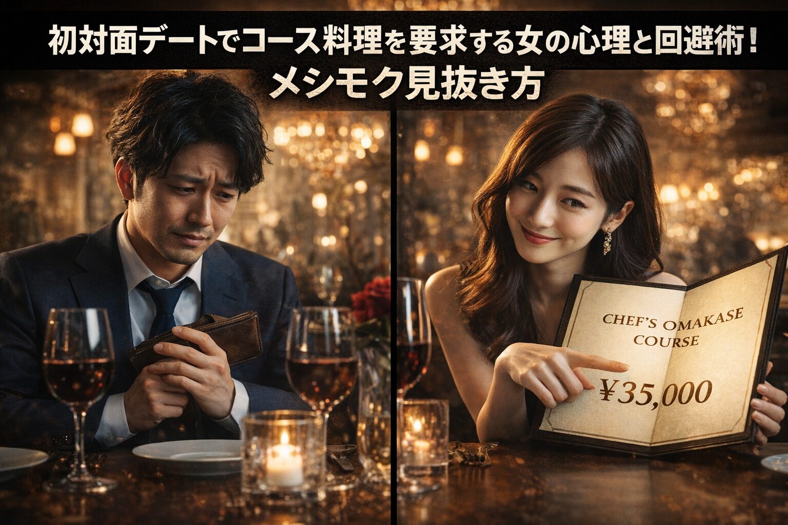 高級レストランでの初対面デートの場面。スーツ姿の男性が財布を握り不安そうな表情をしている一方、向かいの女性が高額なコース料理のメニューを指さして微笑んでいる。店内はシャンデリアの光で温かく照らされ、テーブルにはワインとキャンドルが並ぶ。画面上部にはデートで高額な食事を求める女性の心理や見抜き方をテーマにした見出しが表示されている。