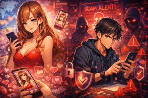 マッチングアプリで美女のプロフィールを見ている男性と、詐欺や業者の危険を警戒する男性を対比したイメージイラスト。