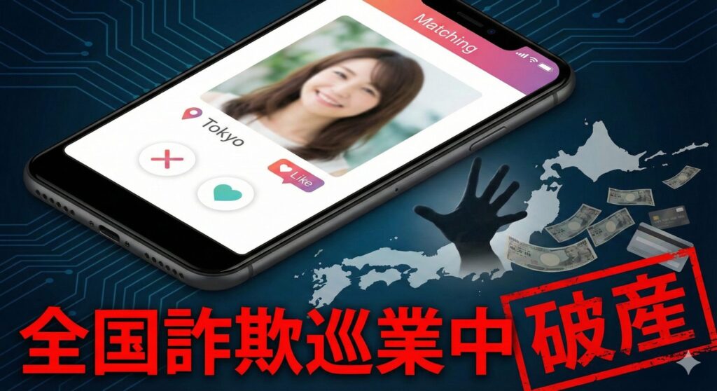 マッチングアプリの女性プロフィール画面（Tokyo、Likeボタン）が表示されたスマートフォン。その下では、日本地図の上に散乱する一万円札などの現金とクレジットカードに、黒い影の手が伸びている。画像下部には赤く大きな文字で「全国詐欺巡業中」、スタンプ風に「破産」と書かれており、アプリを悪用した金銭トラブルへの強い警戒を促すイラスト。