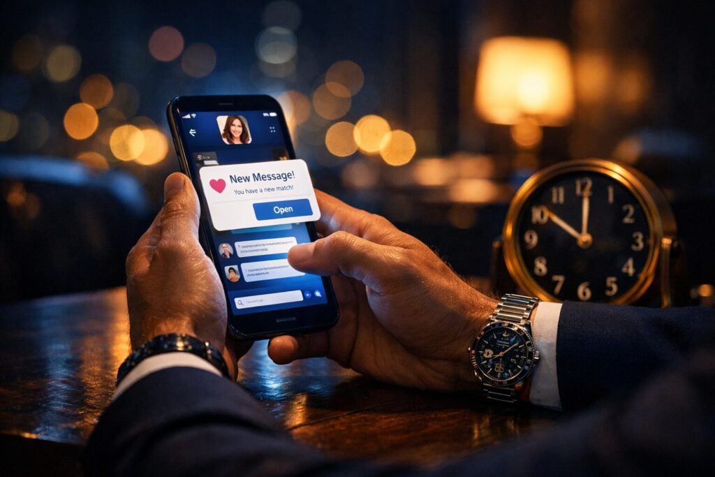 夜のラウンジで、スマホにマッチングアプリの新着メッセージ通知が表示されている手元のアップ（腕時計と置き時計あり）
