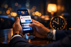 夜のラウンジで、スマホにマッチングアプリの新着メッセージ通知が表示されている手元のアップ（腕時計と置き時計あり）