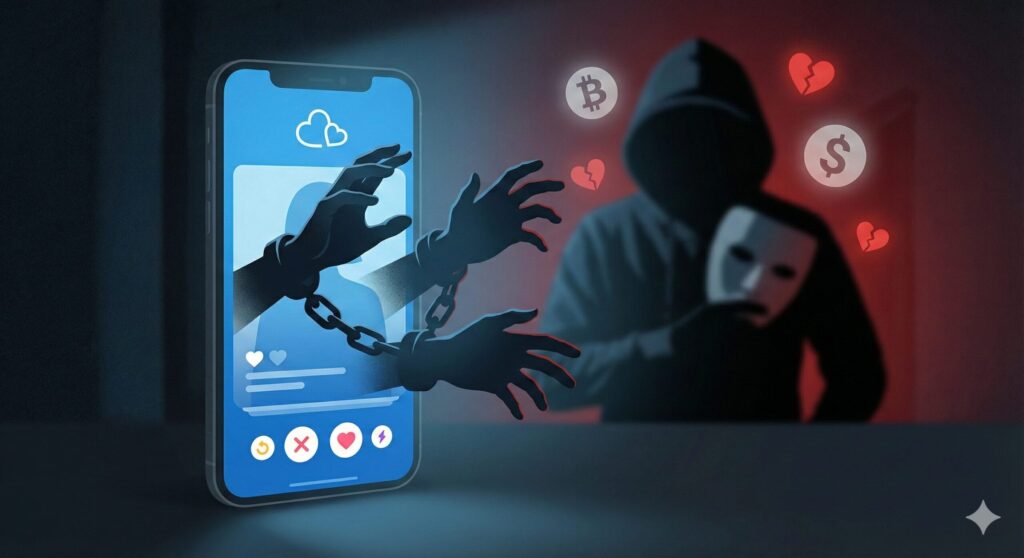 暗い部屋でスマートフォンから鎖で繋がれた手が伸び、仮面を持ったフードの人物が背景にいるイラスト。ロマンス詐欺の危険性を象徴しており、ビットコイン、ドル記号、割れたハートのアイコンが浮かんでいる。