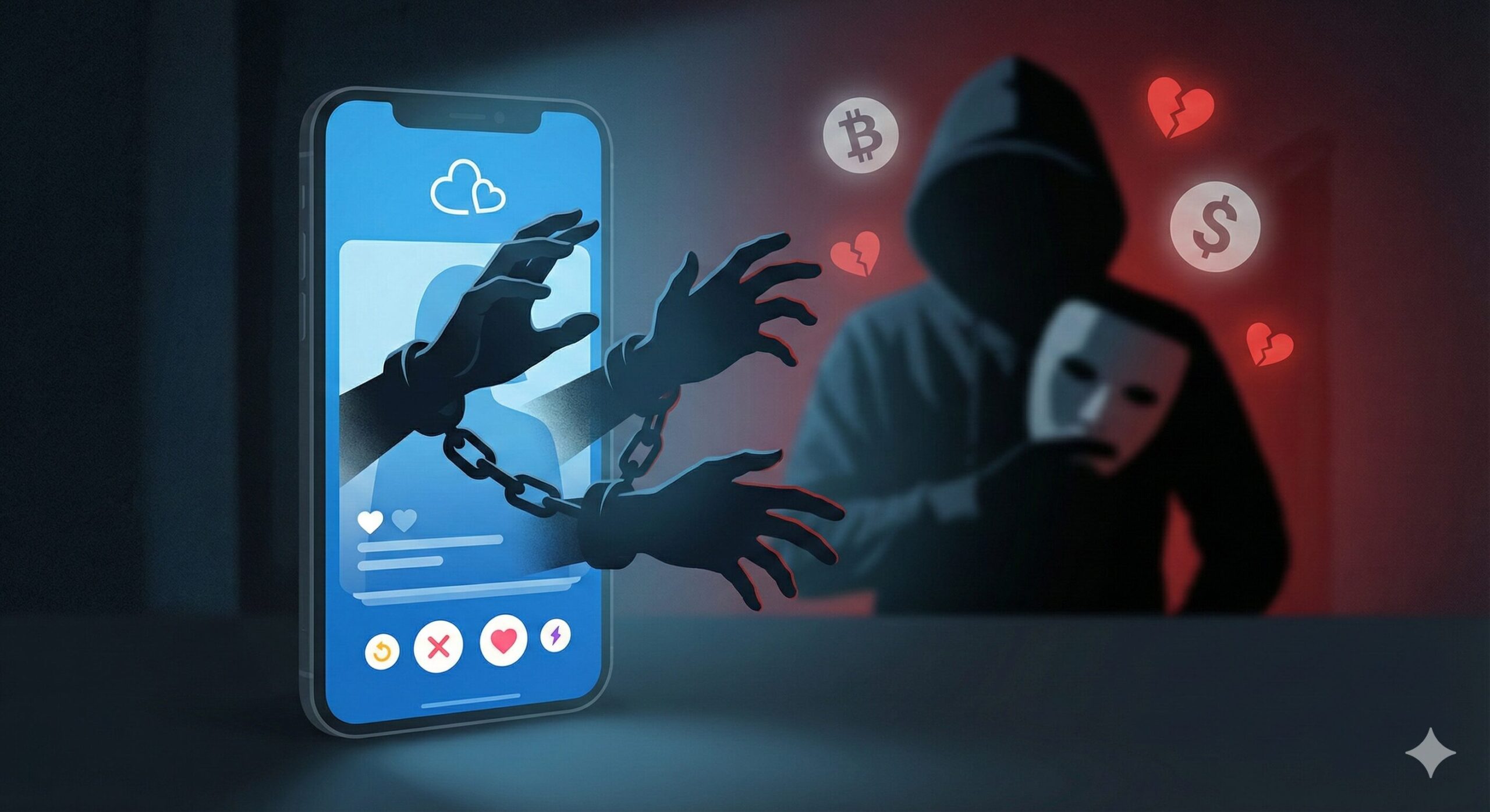 暗い部屋でスマートフォンから鎖で繋がれた手が伸び、仮面を持ったフードの人物が背景にいるイラスト。ロマンス詐欺の危険性を象徴しており、ビットコイン、ドル記号、割れたハートのアイコンが浮かんでいる。