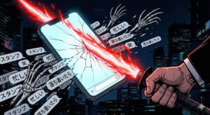 燃える刀がスマートフォンを真っ二つに切り裂き、画面から溢れ出す「忙しい」「落ち着いたら」「スタンプ」といった文字の吹き出しと骸骨の手を断ち切っている劇画調のイラスト。背景は暗いサイバーパンク風の都市。マッチングアプリの無駄なやり取りを断ち切る強い意志を表現している。