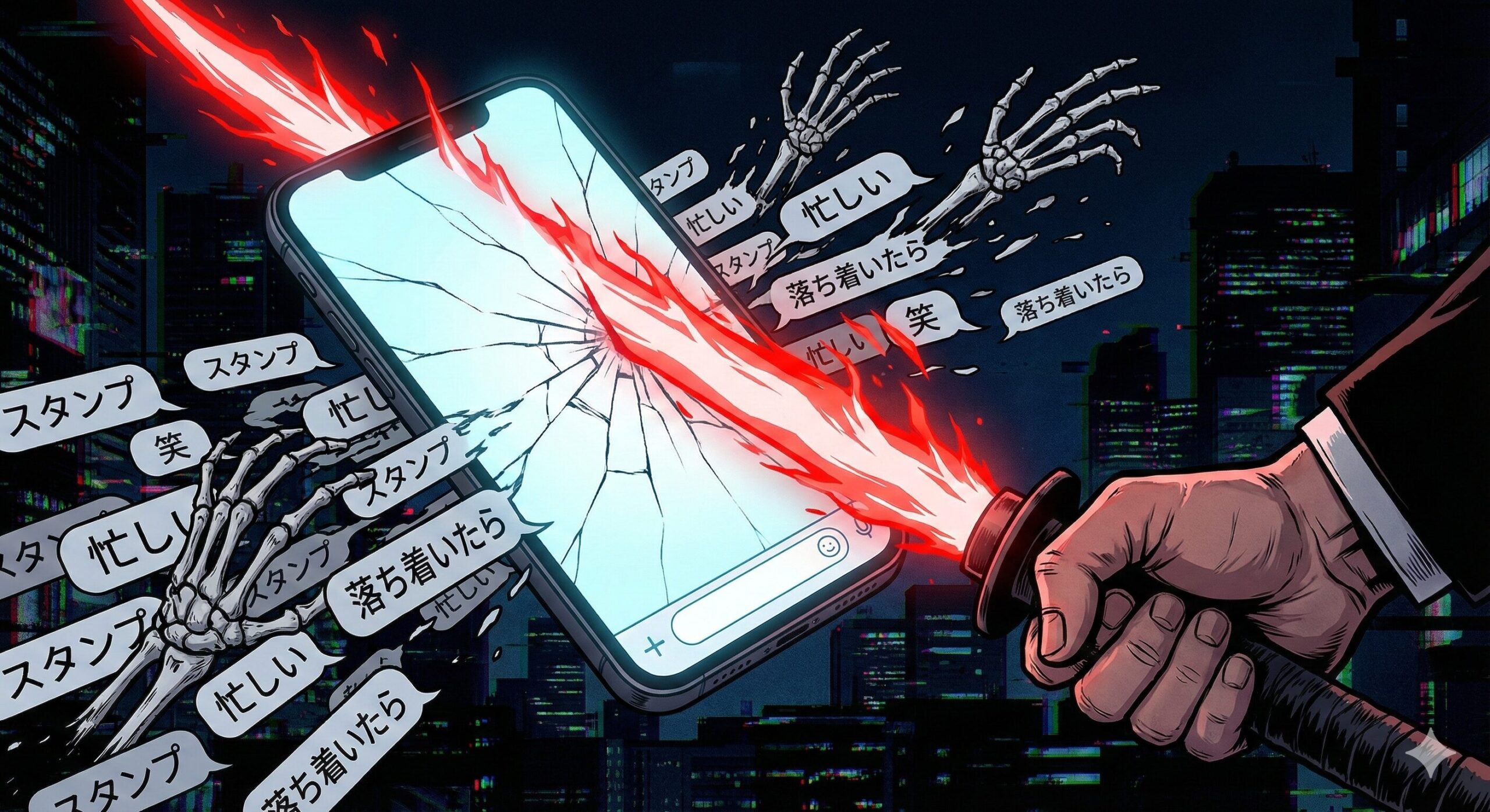 燃える刀がスマートフォンを真っ二つに切り裂き、画面から溢れ出す「忙しい」「落ち着いたら」「スタンプ」といった文字の吹き出しと骸骨の手を断ち切っている劇画調のイラスト。背景は暗いサイバーパンク風の都市。マッチングアプリの無駄なやり取りを断ち切る強い意志を表現している。