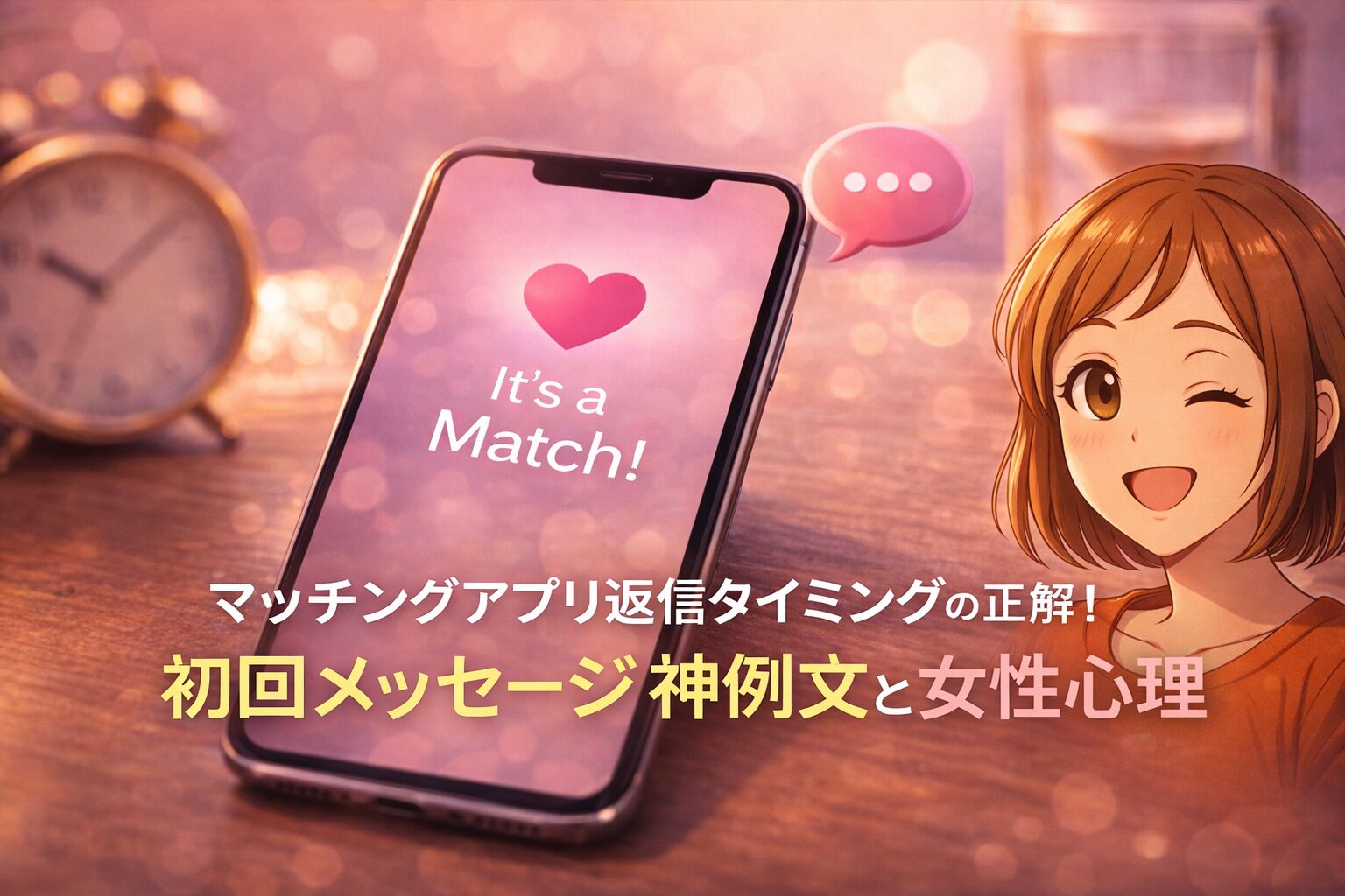 マッチングアプリで「It’s a Match!」と表示されたスマートフォンと女性イラスト、時計と砂時計を背景に、返信タイミングの正解と初回メッセージの重要性を表現したアイキャッチ画像