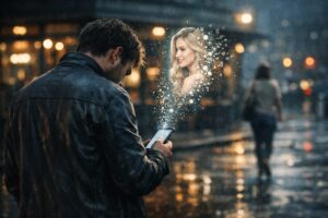 夕暮れの都会のカフェ前で、マッチングアプリの初対面に失望し、肩を落としてスマートフォンを見つめる男性。画面上では理想化された女性のプロフィール画像が光の粒となって崩れ、濡れた路面に街灯が反射する中、背景では別の女性がぼかされて立ち去っているシネマティックな情景。