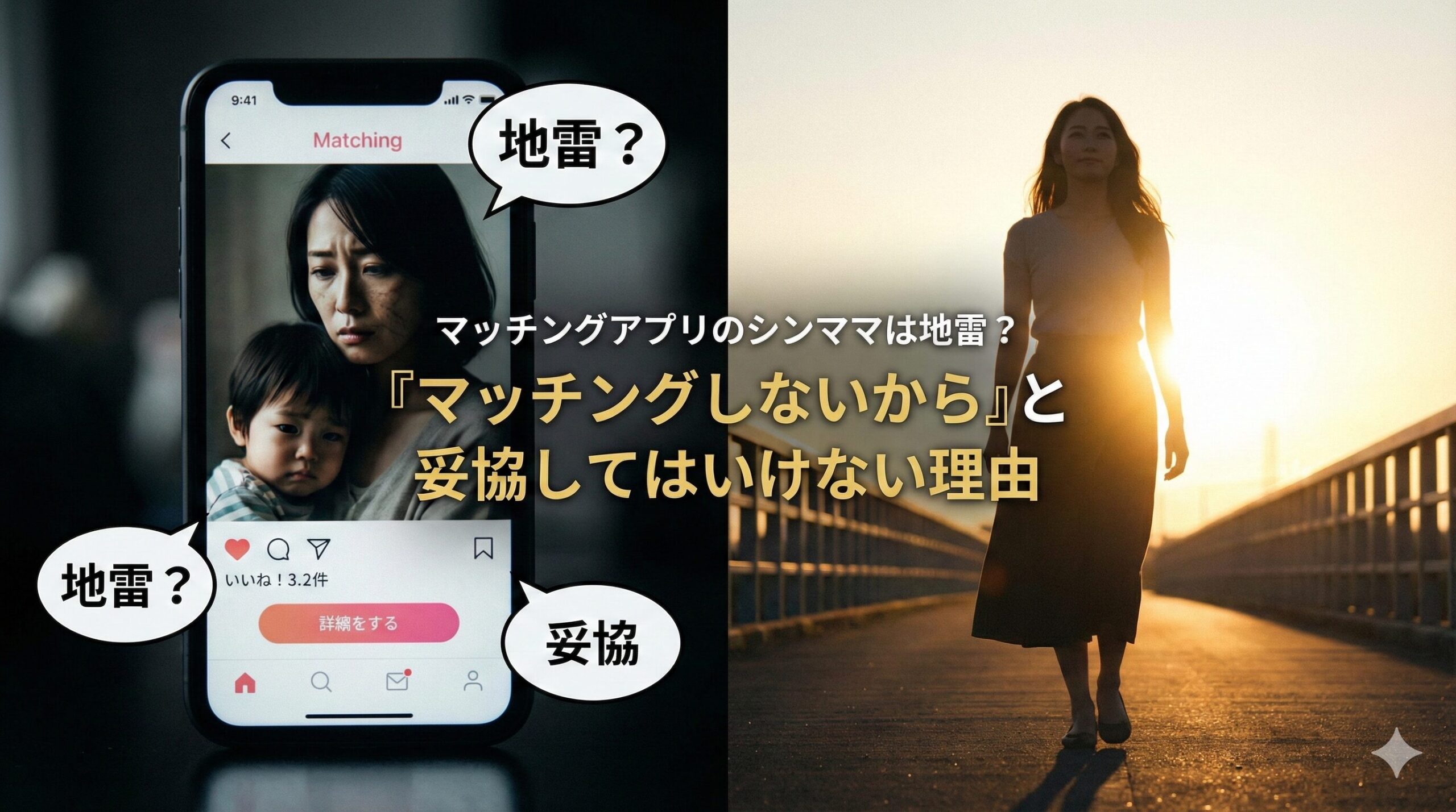 マッチングアプリの記事用アイキャッチ画像。中央に「マッチングアプリのシンママは地雷？『マッチングしないから』と妥協してはいけない理由」というタイトルテキスト。左側は、悲しげな表情で子供を抱くシングルマザーのプロフィール画面が表示されたスマートフォンで、「地雷？」「妥協」というフキダシがある。右側は、夕日を浴びて橋の上を前向きに歩く女性の姿があり、ネガティブなイメージと希望ある未来を対比させている。