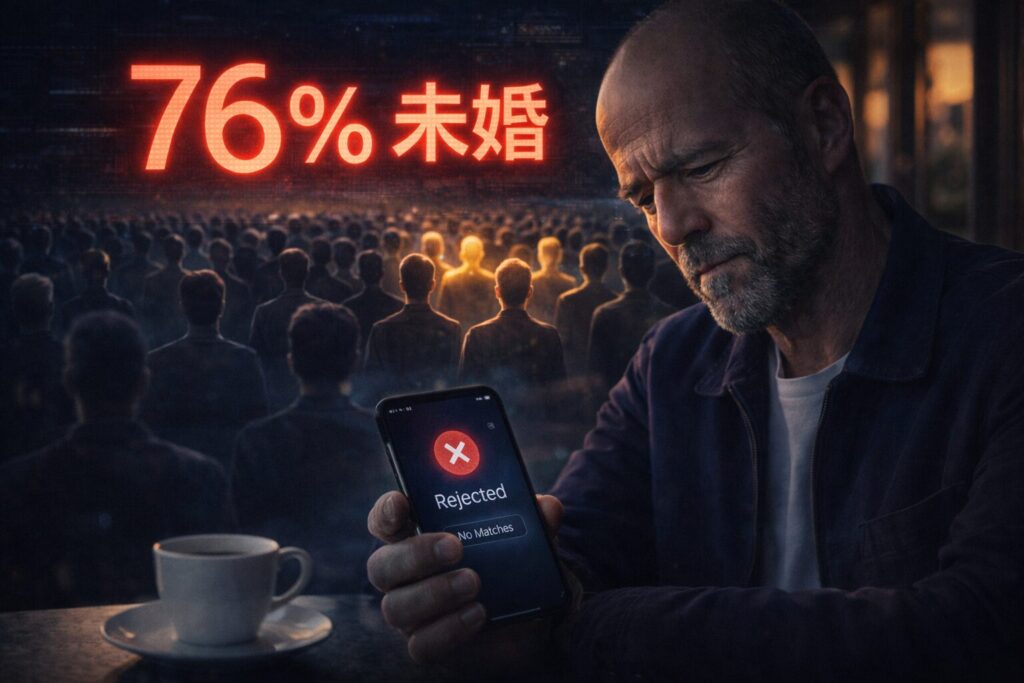 未婚率76％の現実と、マッチングアプリで苦戦する中高年男性を表現したイメージ。恋愛や結婚の難しさを象徴するビジュアル。