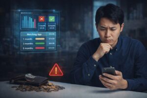 マッチングアプリの1ヶ月・3ヶ月・6ヶ月プランを比較して悩む男性のイメージ。スマホの比較画面と財布や硬貨があり、課金前の注意点や期間選びを表現したアイキャッチ画像。