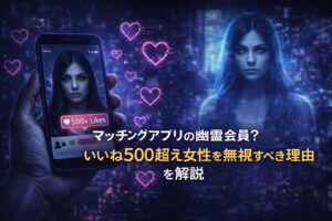 マッチングアプリの「いいね500超え女性」をテーマに、スマホ画面・ハートアイコン・幻想的な女性ビジュアルで幽霊会員の疑問や恋活の注意点を表現したブログ用アイキャッチ画像。