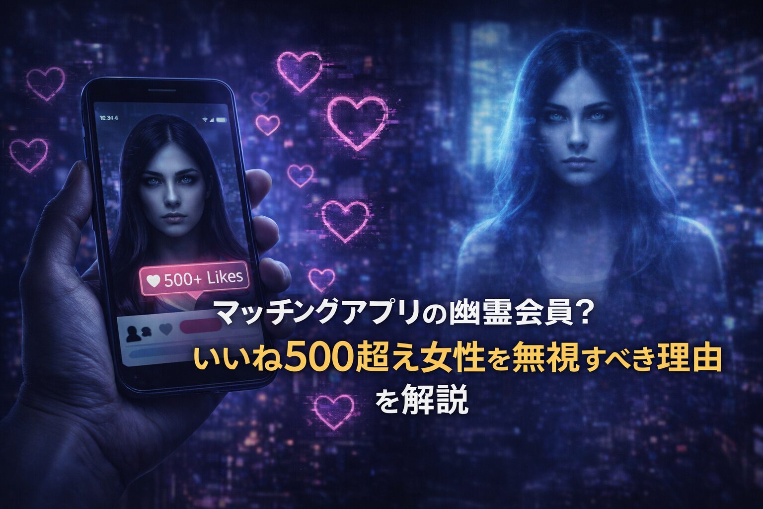 マッチングアプリの「いいね500超え女性」をテーマに、スマホ画面・ハートアイコン・幻想的な女性ビジュアルで幽霊会員の疑問や恋活の注意点を表現したブログ用アイキャッチ画像。
