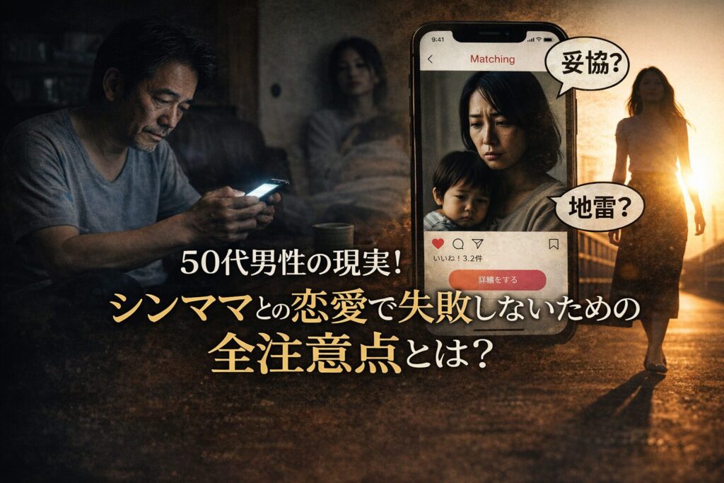 暗い部屋でスマホを見つめる中年男性の後ろ姿。夜の窓の外には地方の静かな町並みが見え、画面の光が手元を照らしている。画面上にはマッチングアプリ風のアイコンが浮かび、孤独感と重い空気が伝わるシネマティックなイメージ。