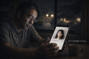 中年の日本人男性が夜の薄暗い部屋でスマホを見つめながらため息をついている様子。スマホ画面にはマッチングアプリの女性プロフィールが表示され、ログインなしを示す表示が見える。テーブルにはコーヒーカップが置かれ、静かで少し切ない雰囲気が漂う。