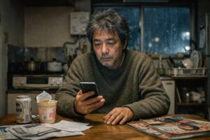 夜のキッチンでスマートフォンを見つめる50代の日本人男性。テーブルの上にはビール缶やカップ麺、レシートや雑誌が置かれており、疲れた表情の男性をスマホの光が静かに照らしている。生活感のある部屋で孤独な夜を過ごす様子を描いたシネマティックな写真。